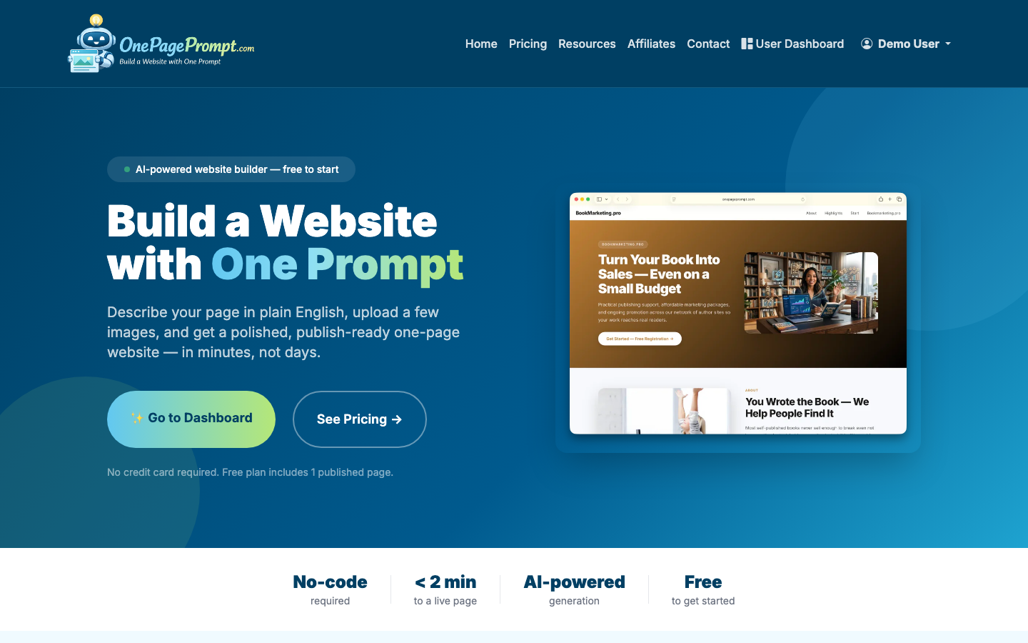 Start from the OnePagePrompt homepage to create a free one-page site.