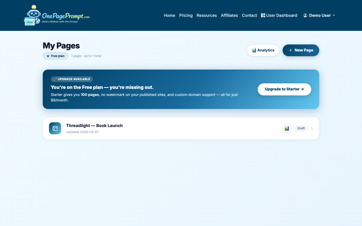 Start from the dashboard where your one-page projects are listed.