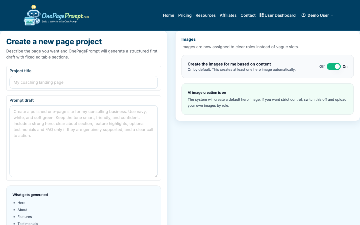 Describe the landing page you want in plain English.